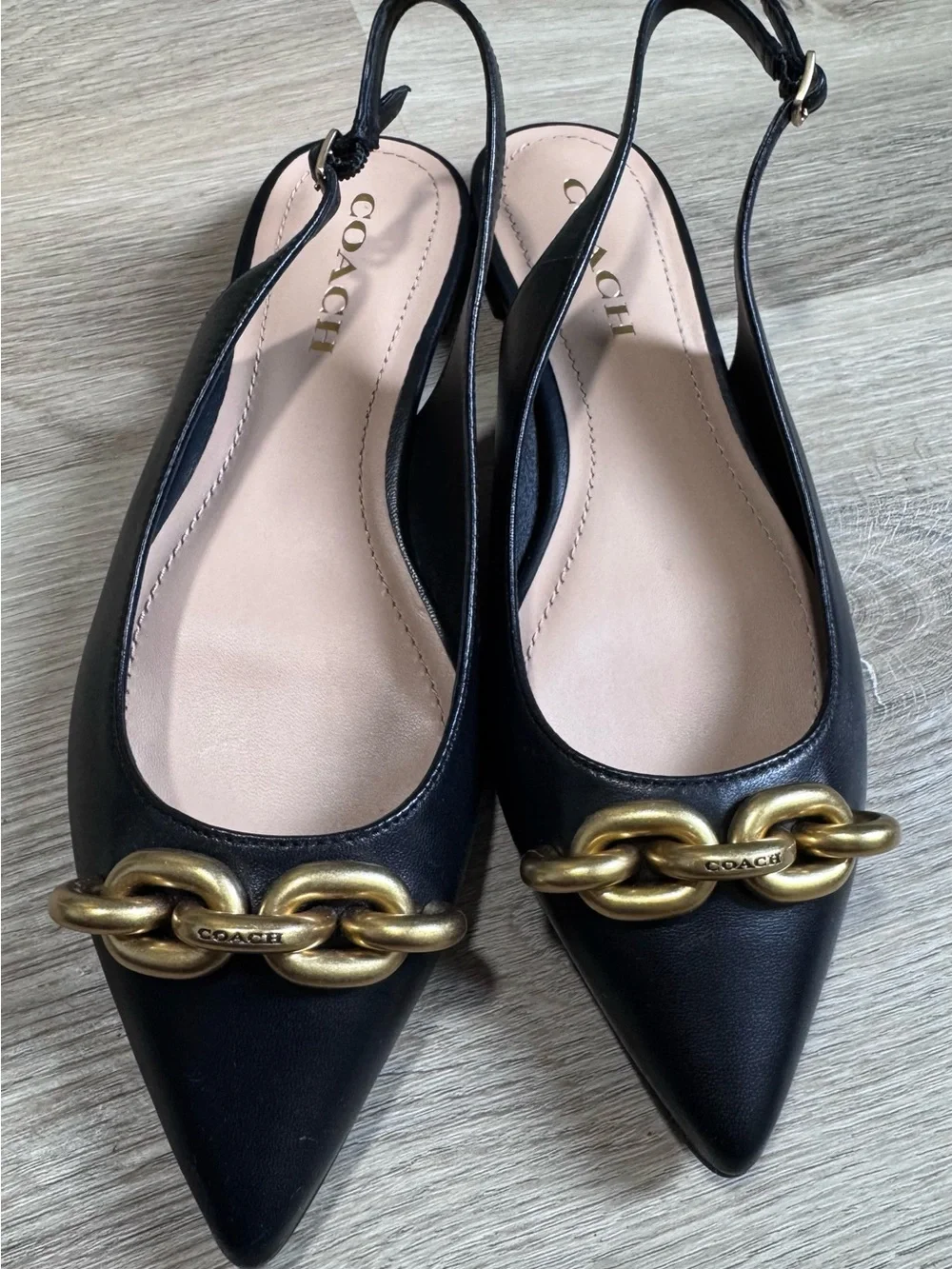 Coach Black Leather Pointed Slingback Flats with Gold Chain Accent
